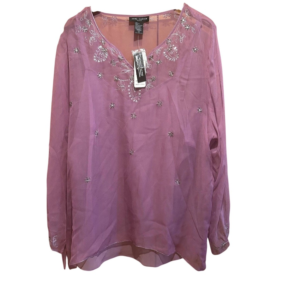 Anne Carson‎ NWT Silk Blouse Womens 2X Sheer Pink Sequin & Beaded Fairy Ethereal
